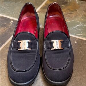 Salvatore Ferragamo Black Loafers with Silver Buckle